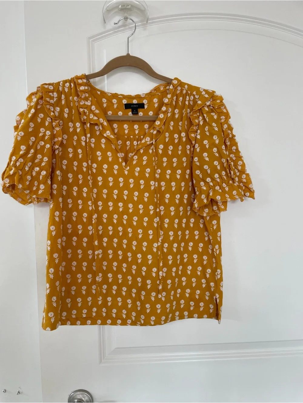J. Crew Mustard Yellow Floral Ruffle Sleeve Blouse